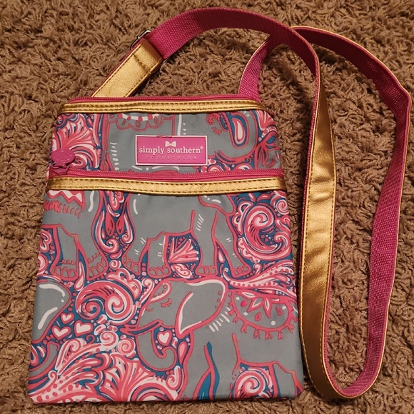 Simply Southern Handbags - Simply Southern Pink and Gray Elephant Print Crossbody Bag with Gold Accents